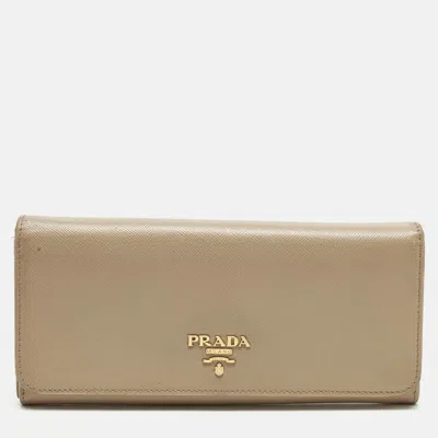 Pre-owned Prada Beige Saffiano Leather Flap Continental Wallet In Sand