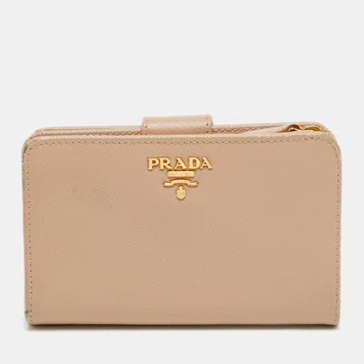 Pre-owned Prada Beige Saffiano Leather Flap French Wallet In Sand