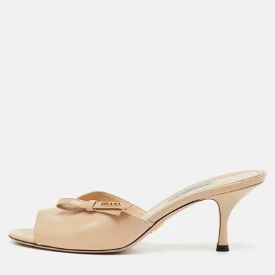 Pre-owned Prada Beige Saffiano Lux Leather Open Toe Bow Slide Sandals Size 40
