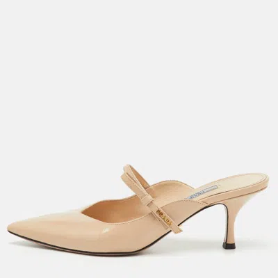Pre-owned Prada Beige Saffiano Lux Leather Pointed Toe Bow Mules Size 40 In Sand