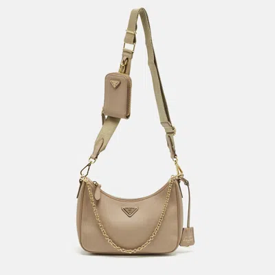 Pre-owned Prada Beige Saffiano Lux Leather Re-edition 2005 Shoulder Bag In Sand