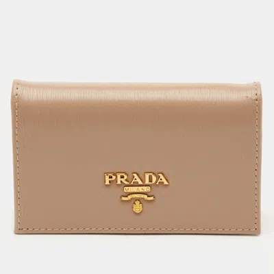 Pre-owned Prada Beige Saffiano Metal Leather Card Holder In Sand
