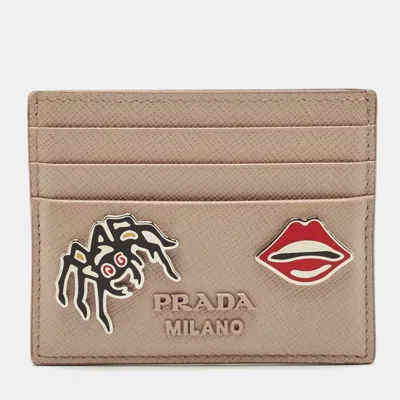 Pre-owned Prada Beige Saffiano Metal Leather Embellished Card Holder In Sand