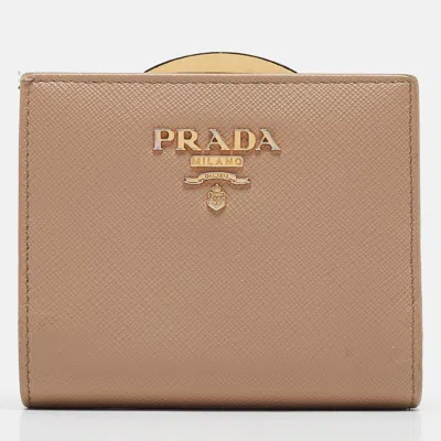 Pre-owned Prada Beige Saffiano Metal Leather Frame Compact Wallet