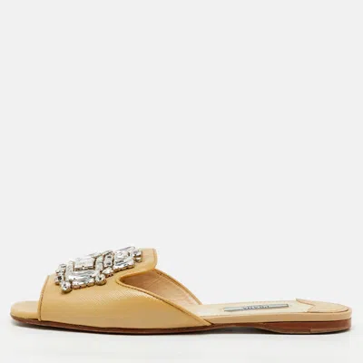Pre-owned Prada Beige Saffiano Patent Leather Crystal Embellished Flat Slide Sandals Size 37