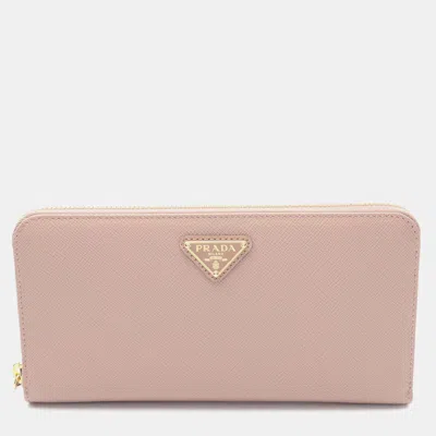 Pre-owned Prada Beige Saffiano Triangle Logo Long Wallet In Sand