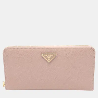 Pre-owned Prada Beige Saffiano Triangle Logo Long Wallet In Sand