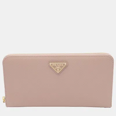 Pre-owned Prada Beige Saffiano Triangle Zip Around Wallet In Sand