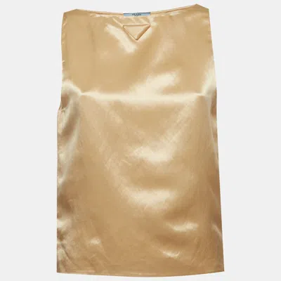 Pre-owned Prada Beige Satin Zip Up Tank Top S In Sand