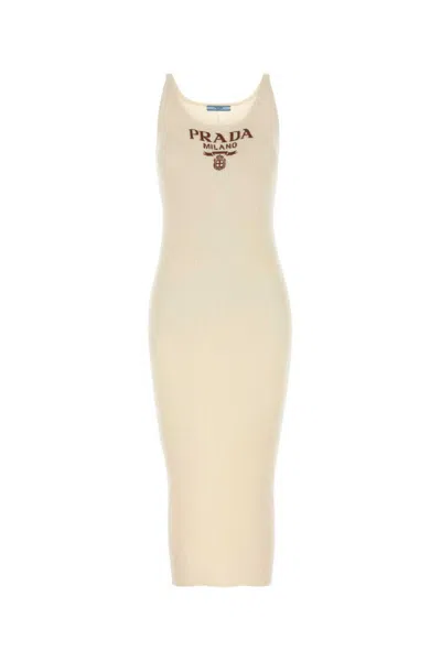 Prada Silk Ribbed Midi Dress In White
