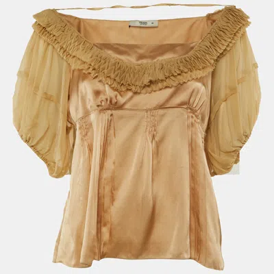 Pre-owned Prada Beige Silk Satin Ruffled Top L In Sand