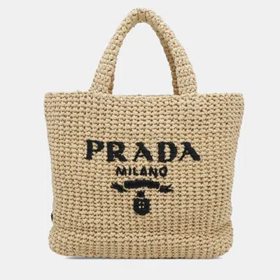 Pre-owned Prada Beige Small Raffia Effect Crochet Embroidered Logo Tote