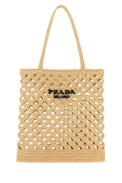 Prada Crochet Logo Shopping Bag Tote Bag Beige In Neutral