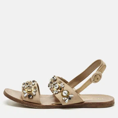 Pre-owned Prada Beige Suede Crystals Embellished Flat Sandals Size 38