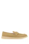 Prada Suede Loafers With Rubber Sole And Stitch Detailing In Brown