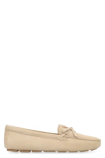 Prada Beige Suede Loafers With Front Bow And Visible Stitching For Women In Ecru