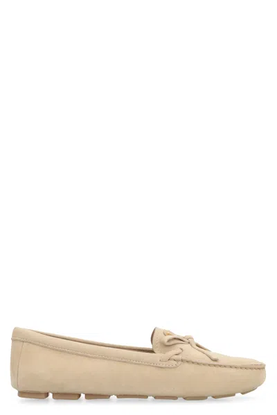 Prada Suede Bow Loafers With Stitched Seams In Tan