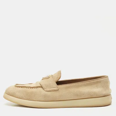 Pre-owned Prada Beige Suede Logo Plaque Slip On Loafers Size 39