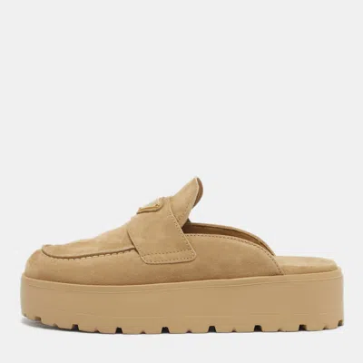 Pre-owned Prada Beige Suede San Tropez Mules Size 38.5 In Sand