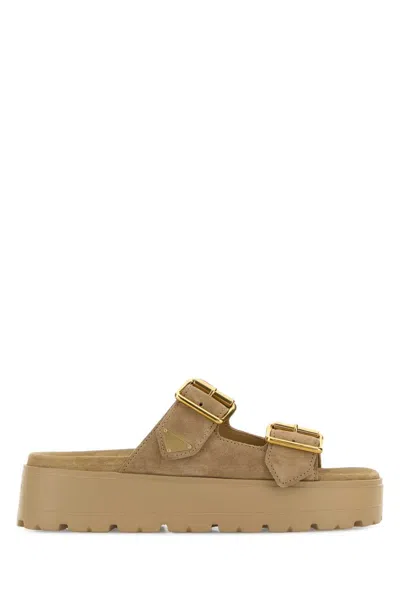 Prada Beige Suede Slippers In Brown