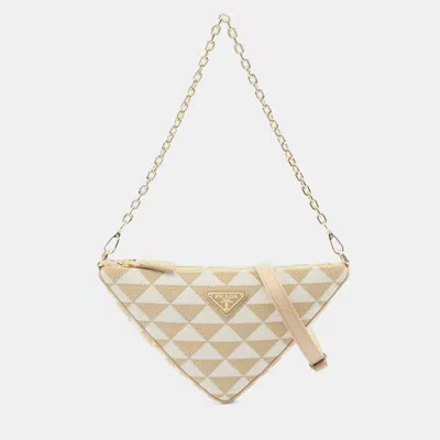 Pre-owned Prada Beige White Mini Triangolo Jacquard Triangle Symbole Satchel In Sand