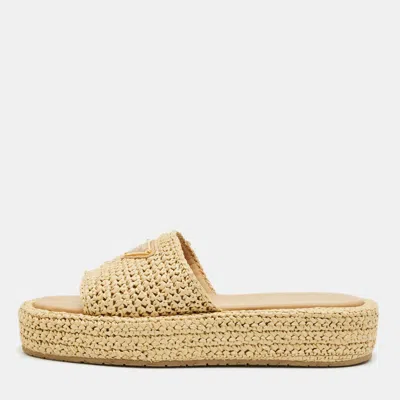Pre-owned Prada Beige Woven Straw Platform Slide Sandals Size 40