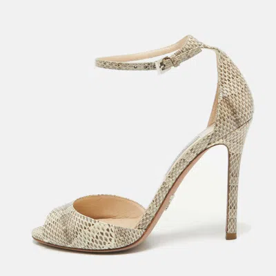 Pre-owned Prada Beige/brown Karung Leather Ankle Strap Sandals Size 36.5
