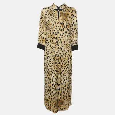 Pre-owned Prada Beige/brown Leopard Print Crepe Midi Dress L