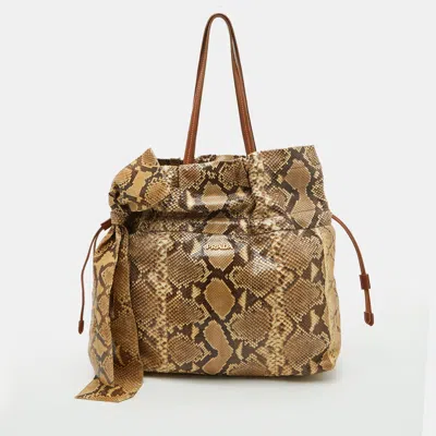 Pre-owned Prada Beige/brown Python And Leather Bow Drawstring Tote In Sand