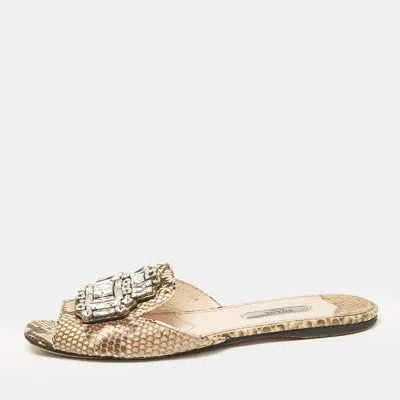 Pre-owned Prada Beige/brown Python Leather Crystal Embellished Flat Sandals Size 39