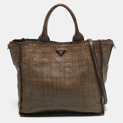 Pre-owned Prada Beige/brown Woven Madras Leather Large Tote In Sand