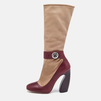 Pre-owned Prada Beige/burgundy Leather Mid Calf Boots Size 39