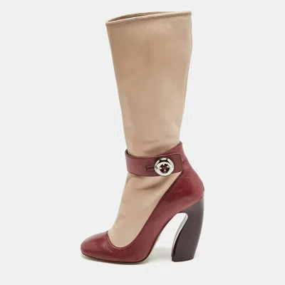 Pre-owned Prada Beige/burgundy Leather Mid Calf Boots Size 39