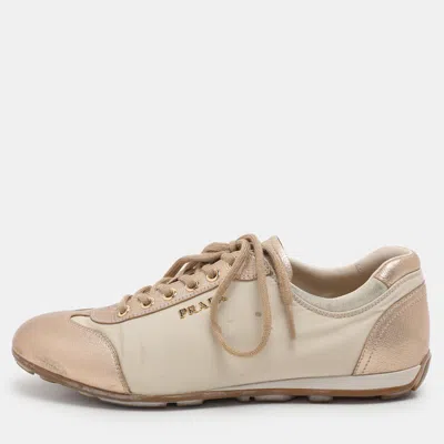 Pre-owned Prada Beige/gold Leather And Nylon Low Top Sneakers Size 36.5