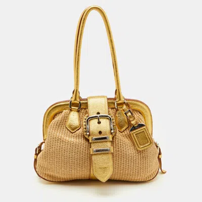 Pre-owned Prada Beige/gold Woven Raffia And Leather Satchel In Sand