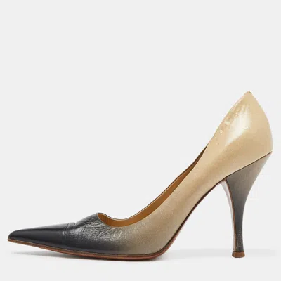 Pre-owned Prada Beige/grey Leather Pointed Toe Pumps Size 38.5