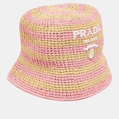 Pre-owned Prada Beige/pink Logo Striped Raffia Bucket Hat S In Sand