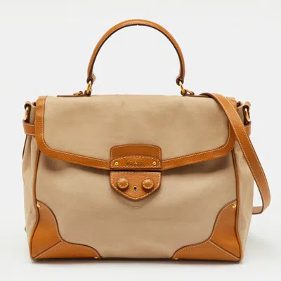 Pre-owned Prada Beige/tan Canvas And Cinghiale Leather Top Handle Bag In Sand