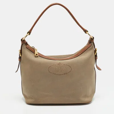 Pre-owned Prada Beige/tan Logo Jacquard Canvas And Leather Hobo In Sand