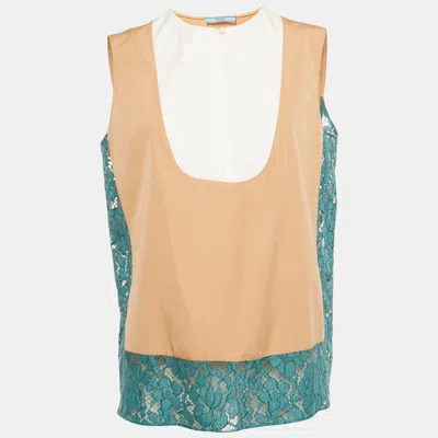 Pre-owned Prada Beige/white Cotton Floral Lace Trim Sleeveless Top M In Sand