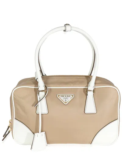 Prada Beige/white Leather & Nylon Medium Re-edition 1978 (authentic Pre-loved) In Nude