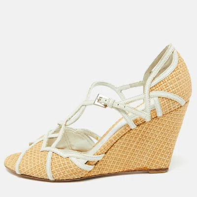 Pre-owned Prada Beige/white Raffia And Leather Wedge Sandals Size 36