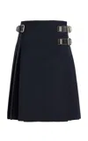 Prada Belt-detailed Pleated Wool-blend Midi Skirt In Blue