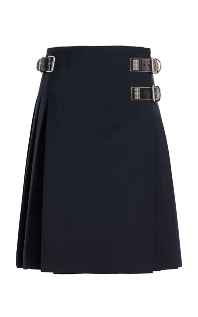 Prada Belt-detailed Pleated Wool-blend Midi Skirt In Blue