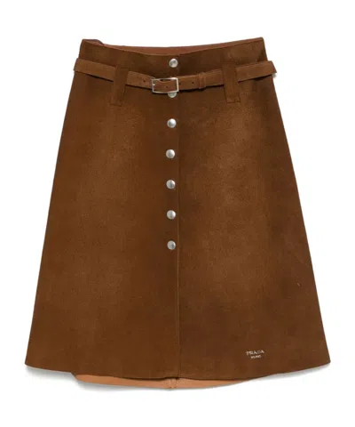 Prada Belted Midi Skirt In Brown