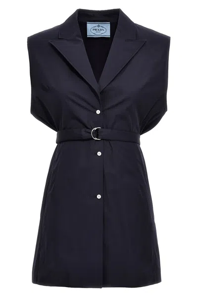 Prada Waist Belted Notched Lapel Sleeveless Knitwear In Black