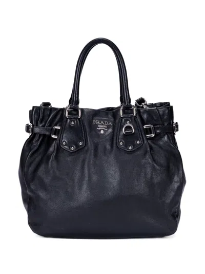 Pre-owned Prada Belt-detail Leather Tote Bag In Black