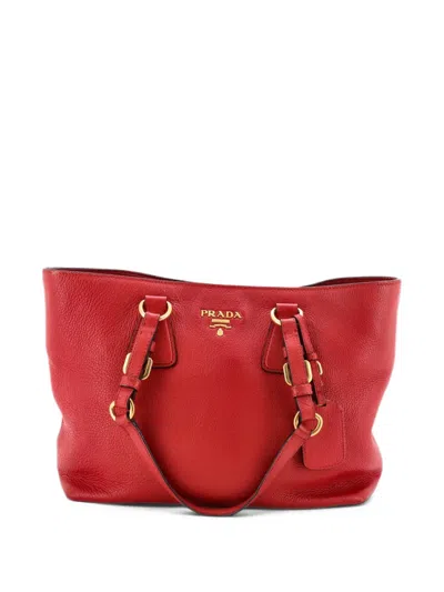 Pre-owned Prada Belted Buckle Open Vitello Phenix Medium Tote Bag In Red
