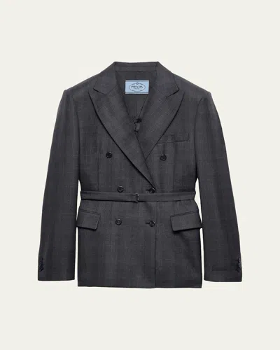 PRADA BELTED CHECKED WOOL DOUBLE-BREASTED JACKET