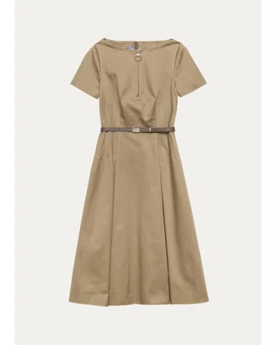 Prada Belted Cotton Knee-length Dress In Khaki